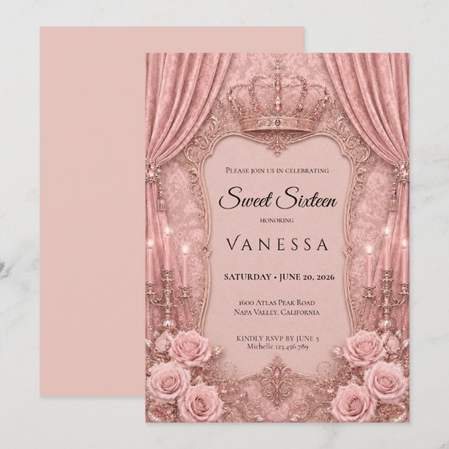 Lyx Rosa Rhinestones Glitter Sweet 16 Inbjudningar (Fram/baksida)