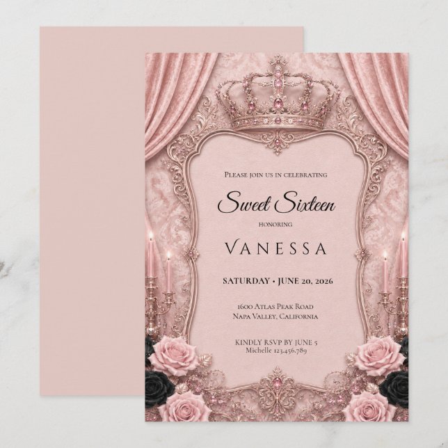 Lyx Rosa Rhinestones Glitter Sweet 16 Inbjudningar (Fram/baksida)