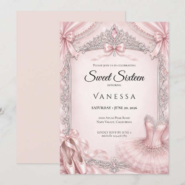 Lyx Rosa Rhinestones Glitter Sweet 16 Inbjudningar (Fram/baksida)