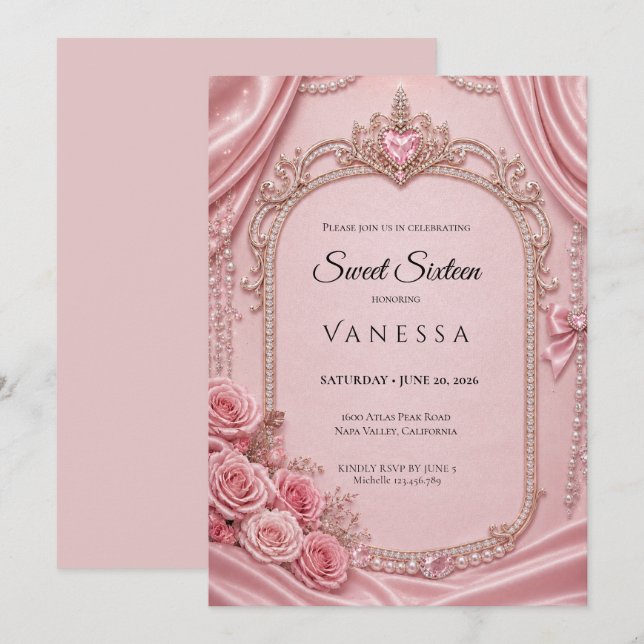 Lyx Rosa Rhinestones Glitter Sweet 16 Inbjudningar (Fram/baksida)