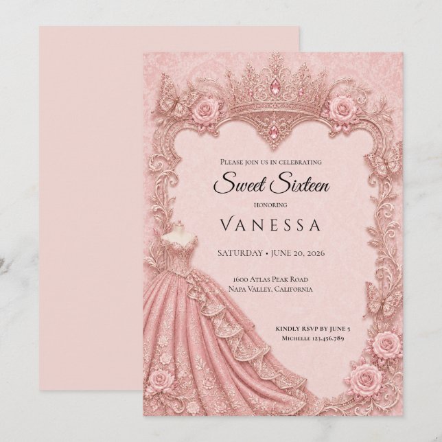Lyx Rosa Rhinestones Glitter Sweet 16 Inbjudningar (Fram/baksida)