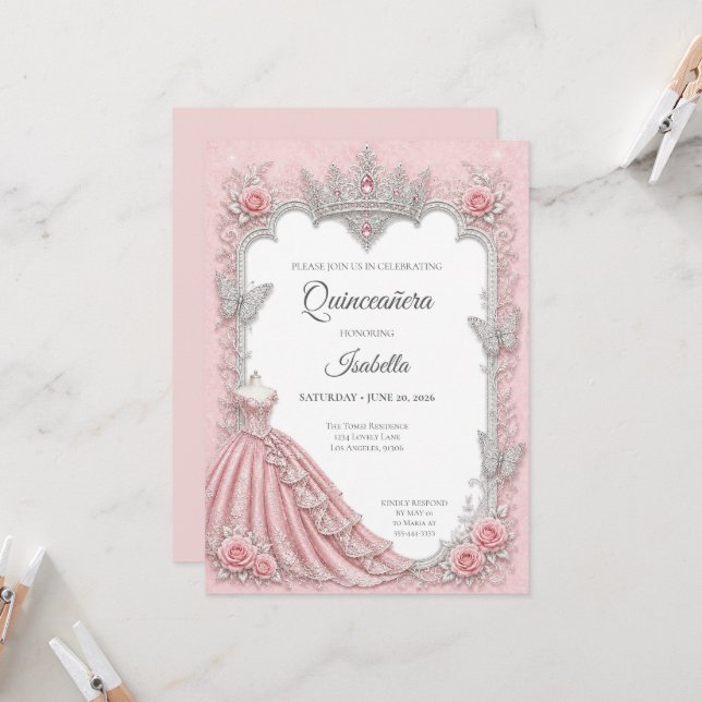 Lyx Rosa Silver Prinsessa Quinceañera Inbjudningar (Fram/Back In Situ)