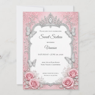 Lyx Rosa Silver Prinsessa Sweet 16 Inbjudningar