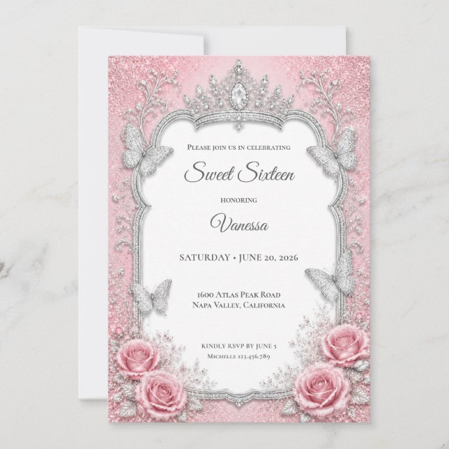 Lyx Rosa Silver Prinsessa Sweet 16 Inbjudningar (Framsida)