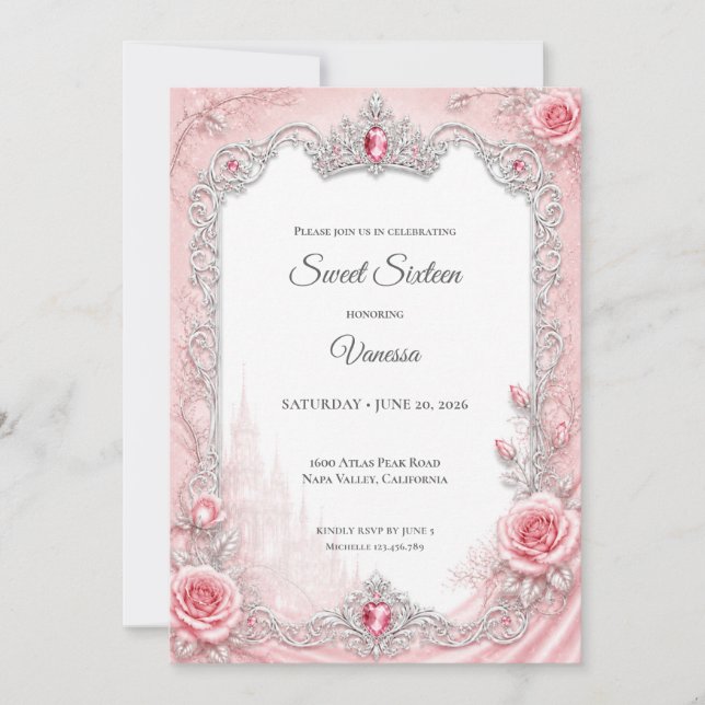 Lyx Rosa Silver Prinsessa Sweet 16 Inbjudningar (Framsida)