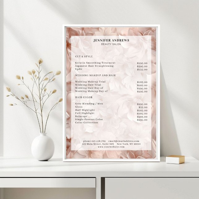 Lyx, rosabeige, blomma, salong Prislista  Poster (Luxury, Blush-Beige, Flower, Salon Price List Poster)