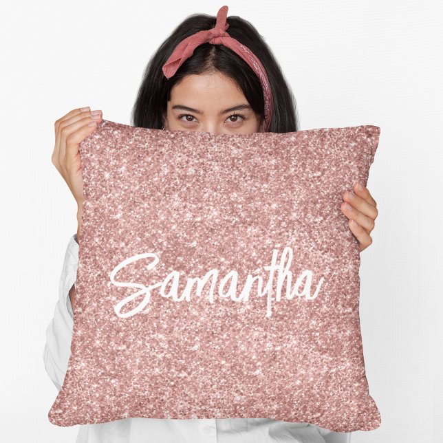 Lyx Roséguld Glitter Penselskrift Namn Kudde (Skapare uppladdad)