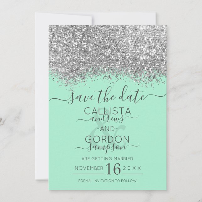 Lyx Silver Neo Mint Glitter Konfetti Bröllop Spara Datumet (Framsida)