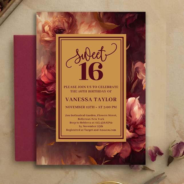 Lyx Söt 16 Burgundy Blommig Guld Inbjudan (Luxury Sweet 16 Burgundy Floral Gold Invitation)