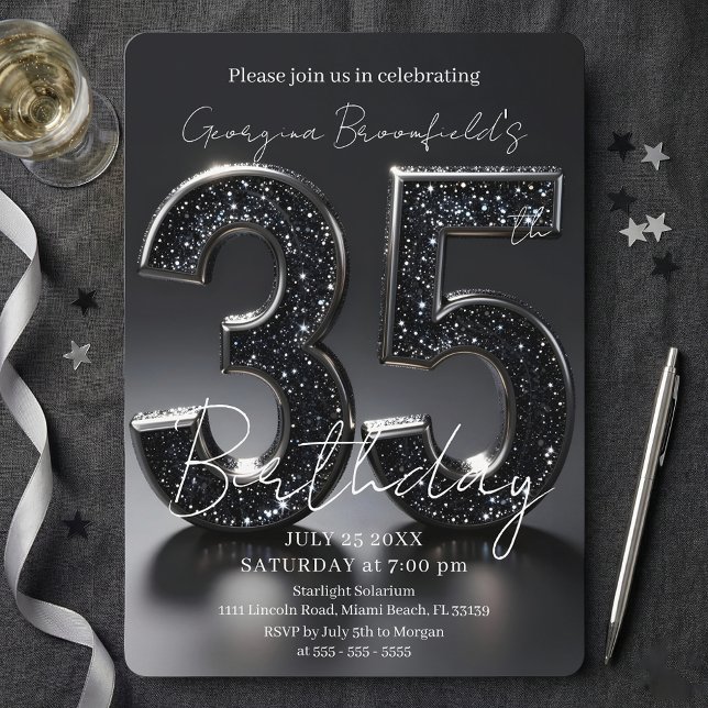 Lyx Svart Glitter Silver Glitter 35-årsdag Inbjudningar (Skapare uppladdad)
