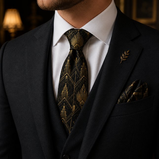 Lyx Svart Guld Art Deco Gatsby Bröllop Slips (Skapare uppladdad)