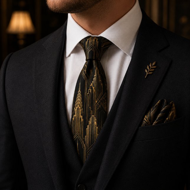 Lyx Svart Guld Art Deco Siluett Gatsby Bröllop Slips (Skapare uppladdad)