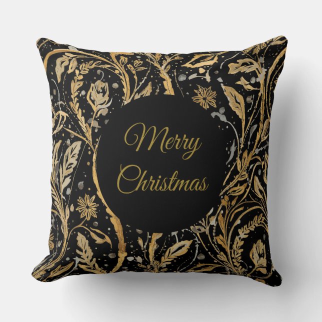 Lyx Svart Guld Blommönster, God Jul Kudde (Framsida)