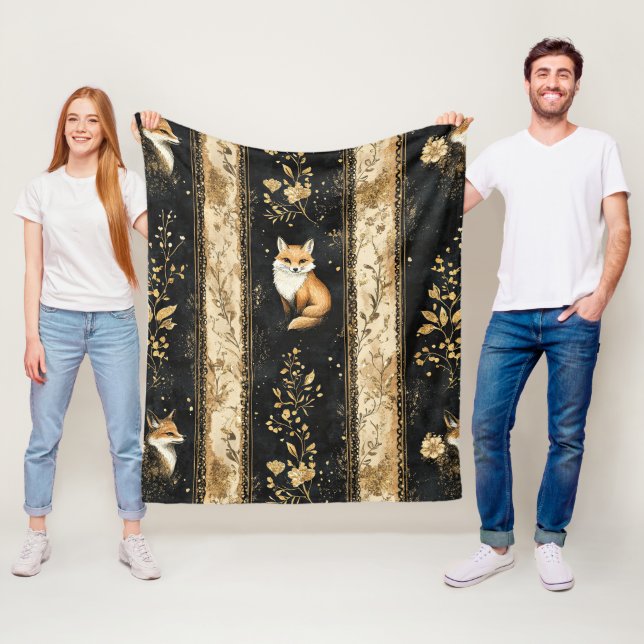 Lyx Svart & Guld Botaniskt Rävmönster (1) Fleecefilt (På plats)