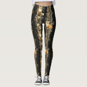 Lyx Svart & Guld Botaniskt Rävmönster (2) Leggings