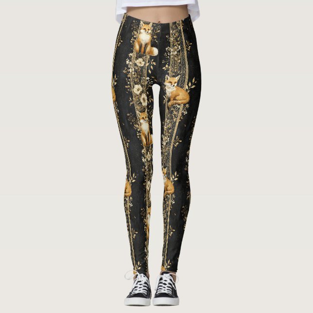 Lyx Svart & Guld Botaniskt Rävmönster (2) Leggings (Framsida)