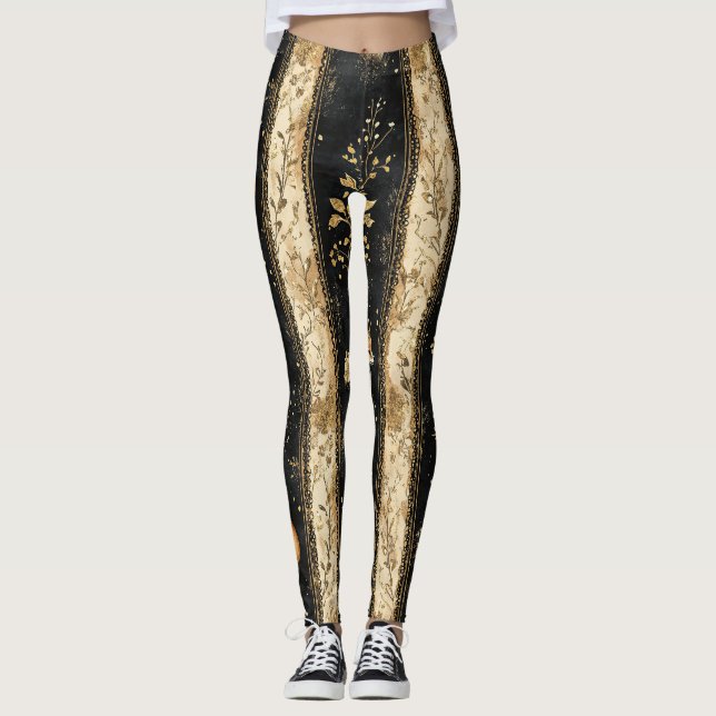Lyx Svart & Guld Botaniskt Rävmönster Leggings (Framsida)
