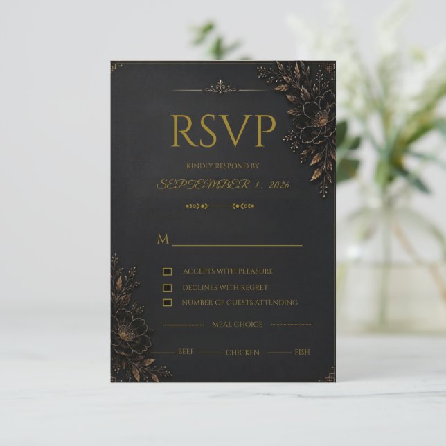 Lyx Svart Guld Bröllop RSVP-kort  OSA Kort (Stående Fram)