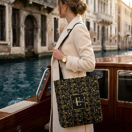 Lyx Svart & Guld Damask Blommig Chic Anpassat Namn Tygkasse