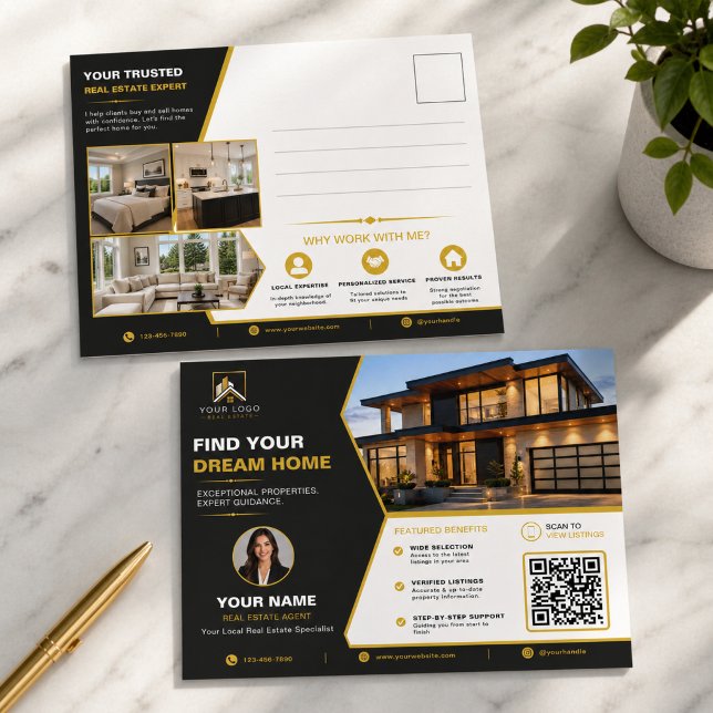 Lyx Svart Guld Fastigheter QR Marknadsföring Vykort (Luxury Real Estate Postcard Design with QR Code | Black Gold Realtor Marketing)