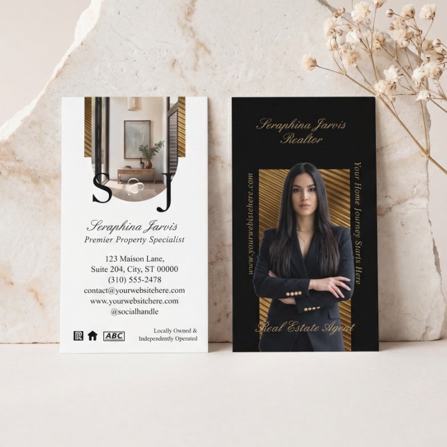 Lyx Svart Guld Fastighetsmäklare Foto Visitkort (Luxury Black Gold Real Estate Agent Photo Business Card)