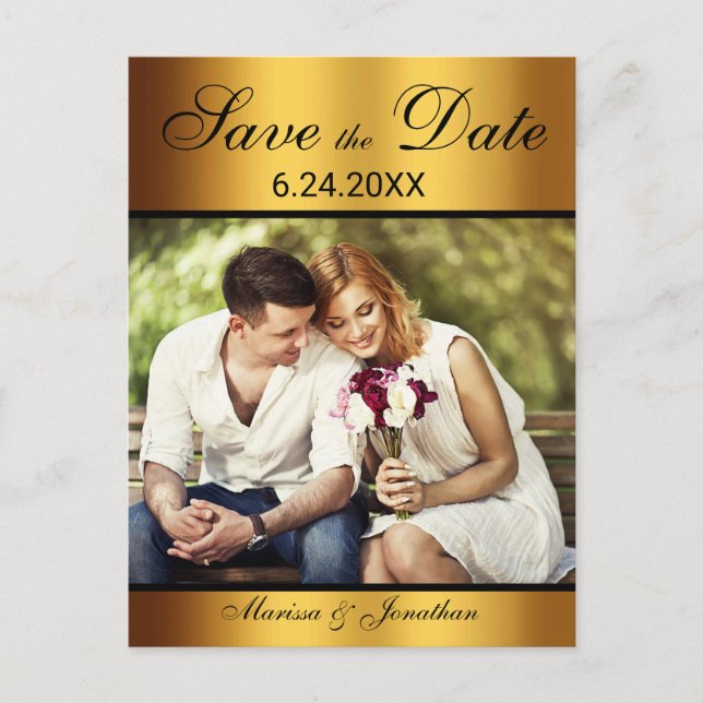 Lyx Svart Guld Foto Bröllop Spara Datumet Meddelande Vykort (Framsida)
