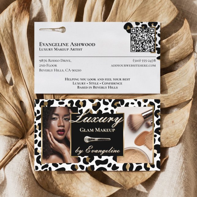 Lyx Svart Guld Gepard Leopardtryck Smink Visitkort (Luxury Black Gold Cheetah Leopard Print Makeup Business Card)