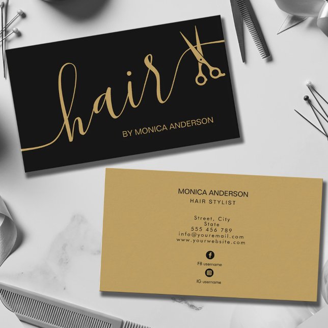 Lyx Svart Guld Hår Manus Stylist Sax Visitkort (Luxury Black Gold Hair Script Stylist Scissors Business Card)