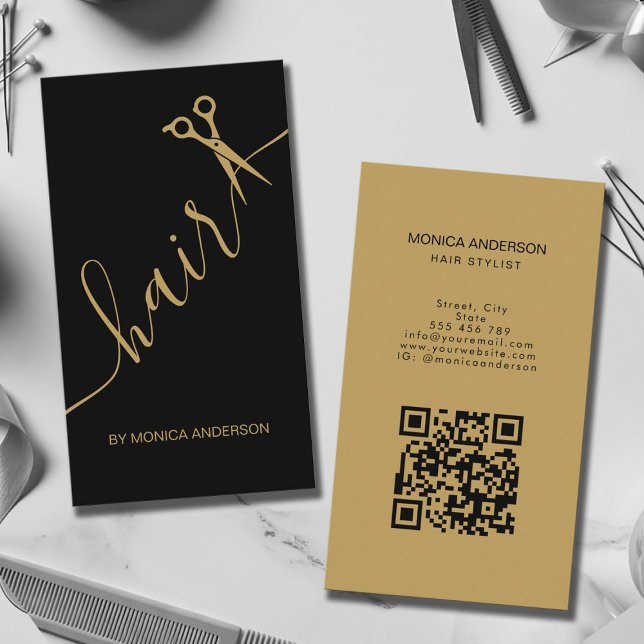 Lyx Svart Guld Hår Skript Sax QR-kod Visitkort (Luxury Black Gold Hair Script Scissors QR Code Business Card)