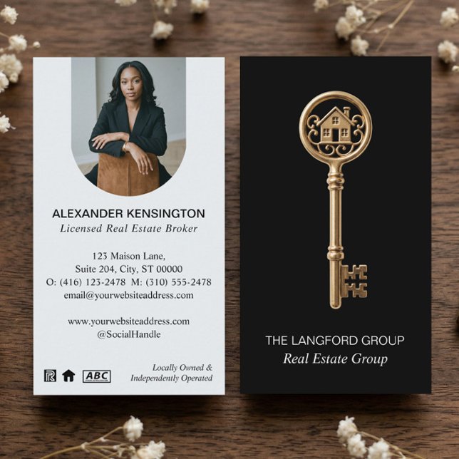Lyx Svart Guld Hem Nyckel Fastighetsmäklare Foto Visitkort (Luxury Black Gold Home Key Real Estate Agent Photo Business Card)
