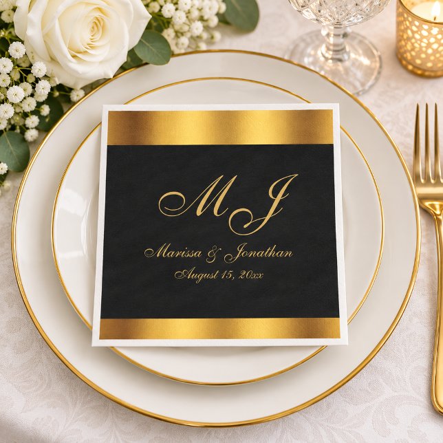 Lyx Svart Guld Kalligrafi Monogram Bröllop Pappersservett (Luxury Black Gold Calligraphy Monogram Wedding Napkins)