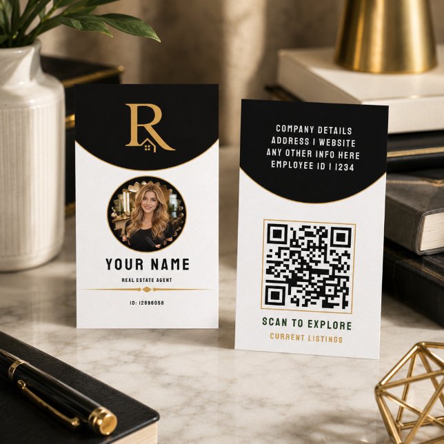 Lyx Svart Guld Modern Fastighet QR-kod ID (Luxury Black Gold Modern Real Estate QR Code ID Calling Card)