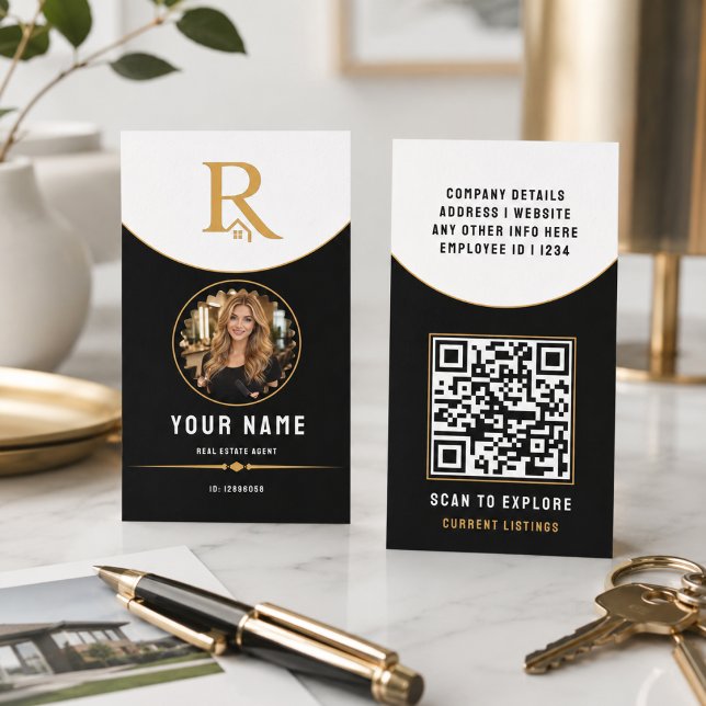 Lyx Svart Guld Modern Fastighet QR-kod ID (Luxury Black Gold Modern Real Estate QR Code ID Calling Card
)