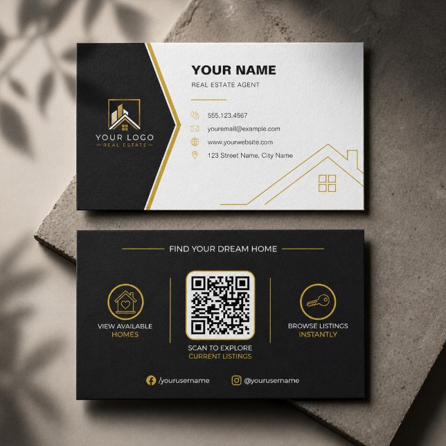 Lyx Svart Guld Modern Fastighet QR-kod Visitkort (Luxury Black & Gold Real Estate QR Code Business Card | Modern Realtor Branding)