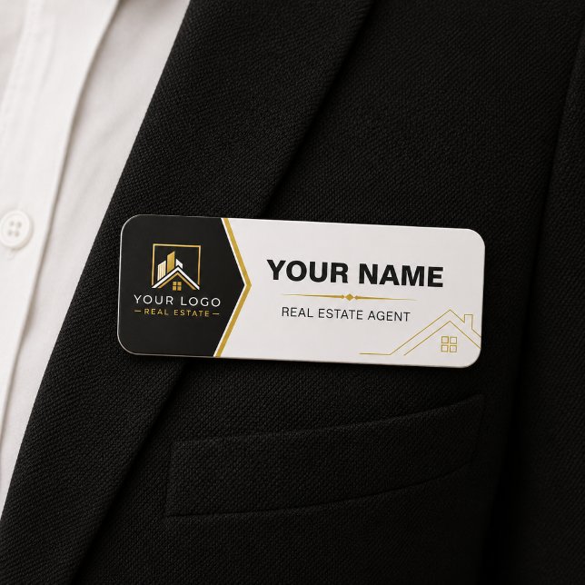 Lyx Svart Guld Modern Fastighetslogo Namnbricka (Luxury Realtor Name Badge | Black Gold Real Estate Branding)