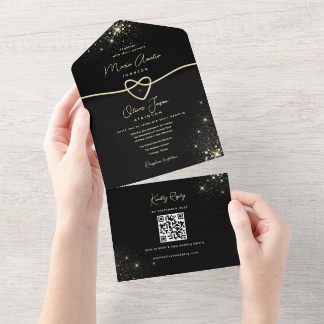 Lyx Svart Guld QR-kod Bröllop (Avrivbar del)