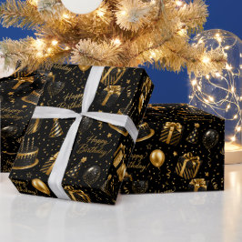 Lyx Svart och Guld Glad Födelsedag Presentpapper