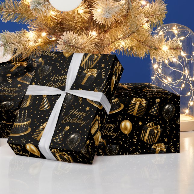 Lyx Svart och Guld Glad Födelsedag Presentpapper (Helgdagar)