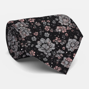 Lyx Svart Rosa Vintage Metallisk Silver Blommor Slips