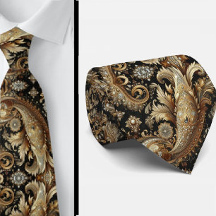 Lyx Svart Vitt Guld Paisley Diamant Halsduk Slips