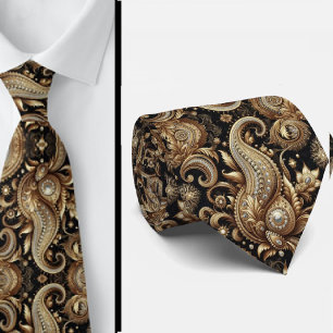 Lyx Svart Vitt Guld Paisley Diamant Halsduk Slips
