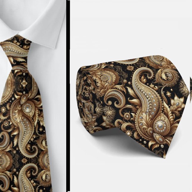 Lyx Svart Vitt Guld Paisley Diamant Halsduk Slips (Skapare uppladdad)