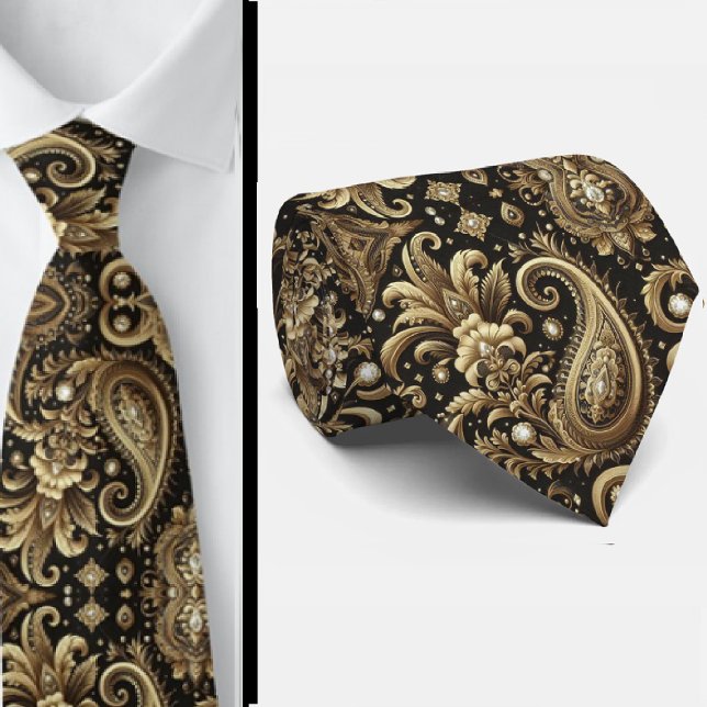 Lyx Svart Vitt Guld Paisley Diamant Halsduk Slips (Skapare uppladdad)