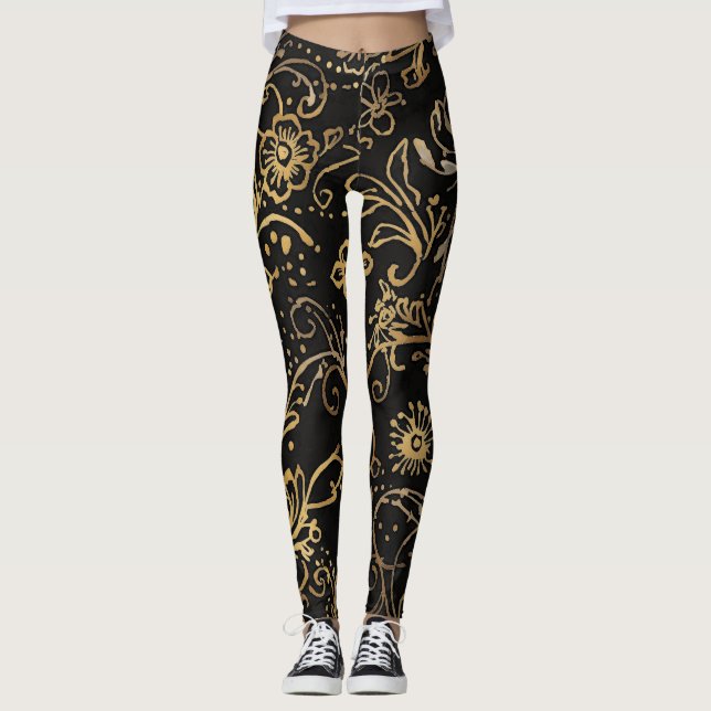 Lyx, svarta guldblommor Mönster Leggings (Framsida)