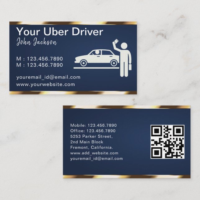 Lyx Transport Bil QR-kod Blå & Guld  Visitkort (Fram/baksida)