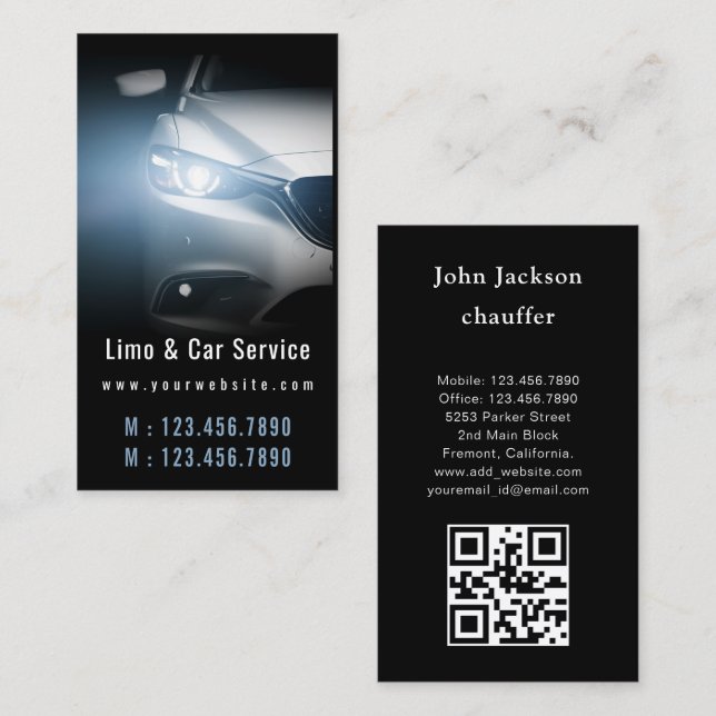 Lyx Transport Bil QR-kod Blå & Svart Visitkort (Fram/baksida)