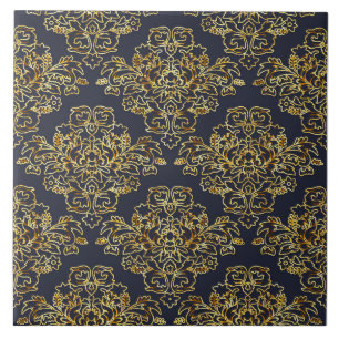 Lyx, vintage, elegant, marinblått, guld, blommigt kakelplatta