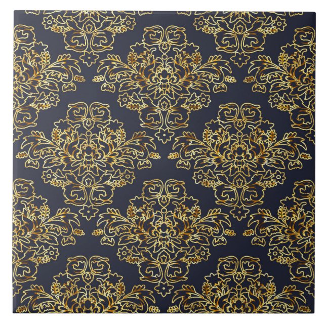 Lyx, vintage, elegant, marinblått, guld, blommigt kakelplatta (Framsidan)