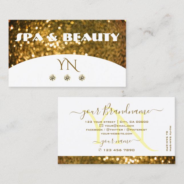 Lyx Vit Guld Glitter Glans Stilfullt Monogram Visitkort (Fram/baksida)