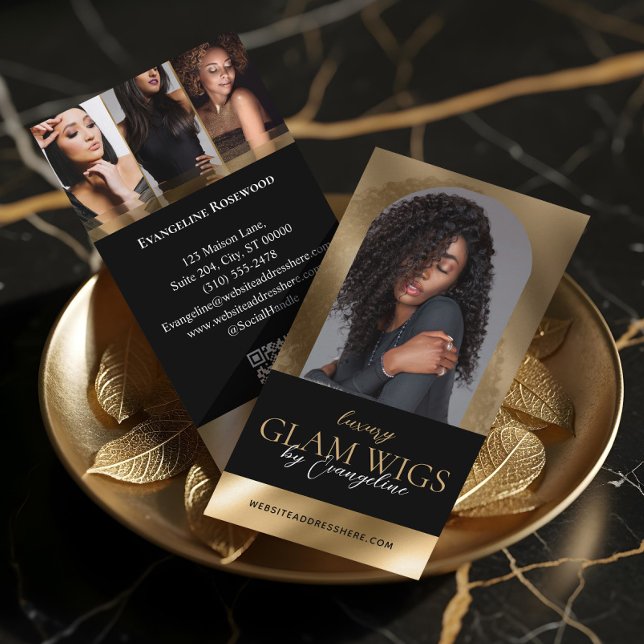 Lyx Wig Hårstudio Arch Luxe Foto Svart Guld Visitkort (Luxury Wig Hair Studio Arch Luxe Photo Black Gold Business Card)